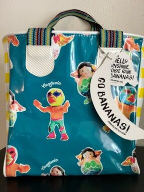 Consuela Teal Vinyl Tote with Colorful Mermaid & Luchador Prints